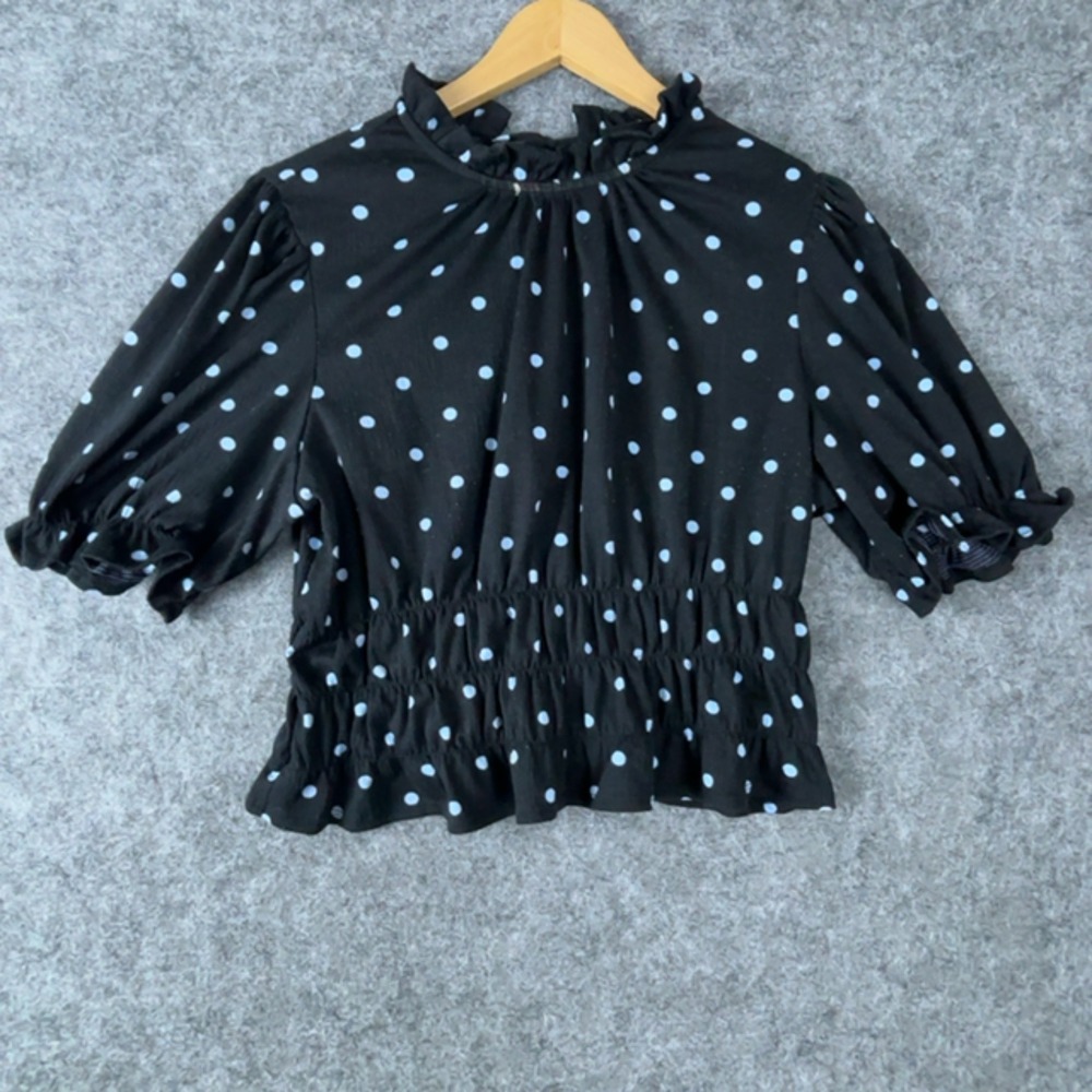 Who What Wear Blouse Womens L Black Polka Dot Ruffle Neck Puff Sleeve Smocked